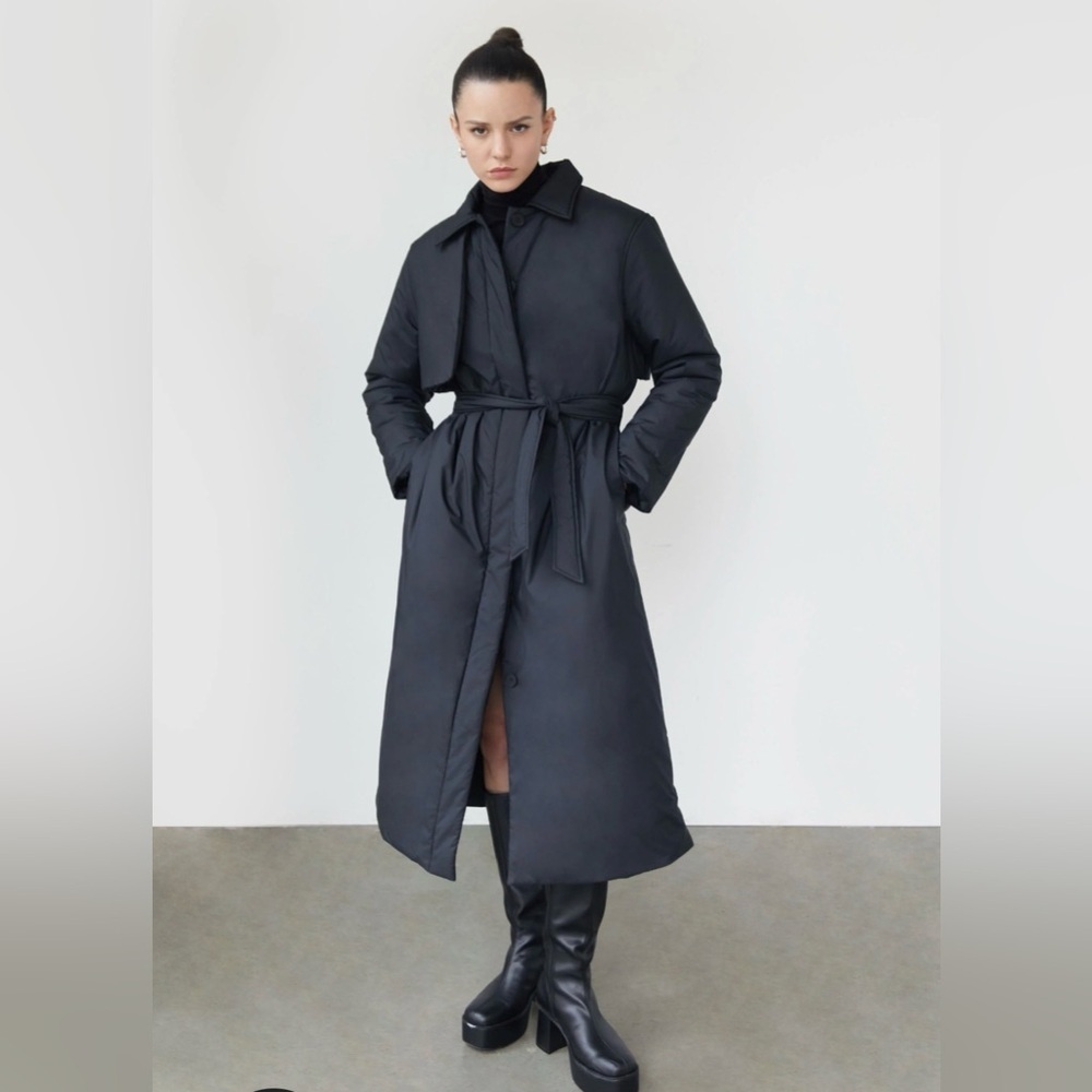 Oak + Fort Long Belt Puffer Midi Coat Relaxed Fit Women's Size Large Black